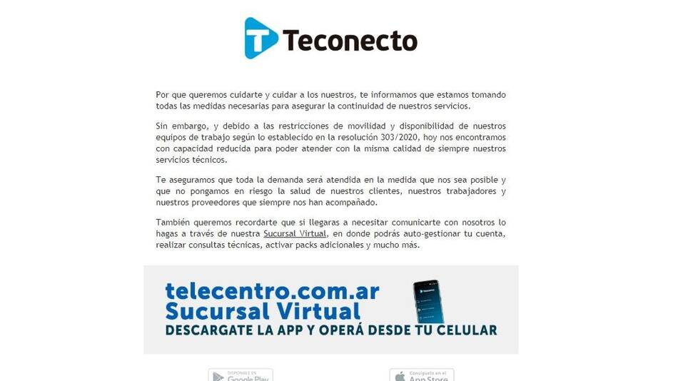 Teconecto, comunicado de Telecentro ante la situación de aislamiento, app, Sucursal Virtual