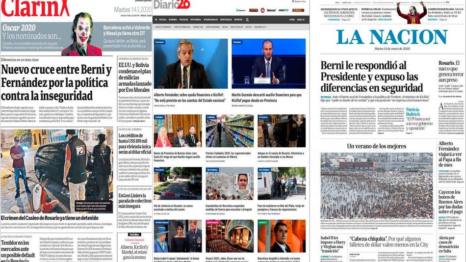 Tapas de diarios argentinos, martes 14 de enero de 2020