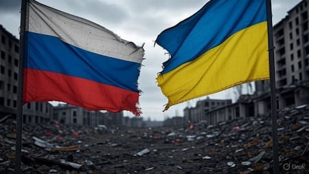 La interminable guerra entre Rusia y Ucrania. Foto: Grok.