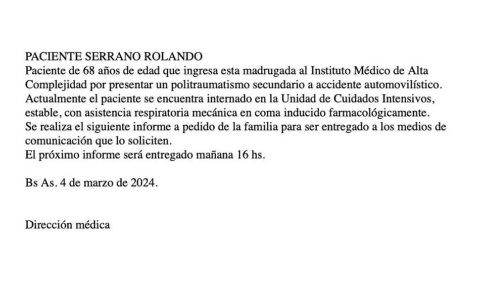 Parte médico de Roly Serrano. Foto: NA.