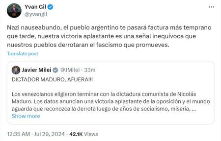 Respuesta del canciller venezolano al tuit de Milei.