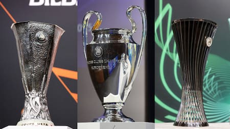 Trofeos de la Champions, Europa y Conference League. Fotos: Reuters/Pierre Albouy