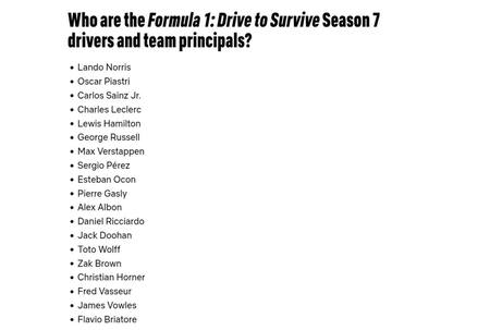 Lista de pilotos y jefes de equipo que participarán en la séptima temporada de Drive to Survive.