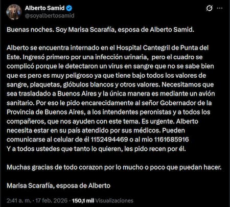 El pedido de la esposa de Alberto Samid.