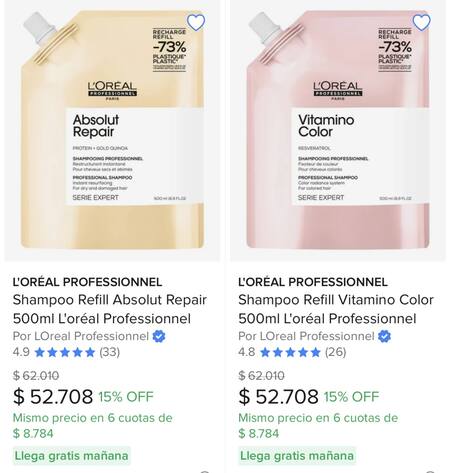 Diferencia de precio entre los productos refills y las versiones comunes. Foto MercadoLibre