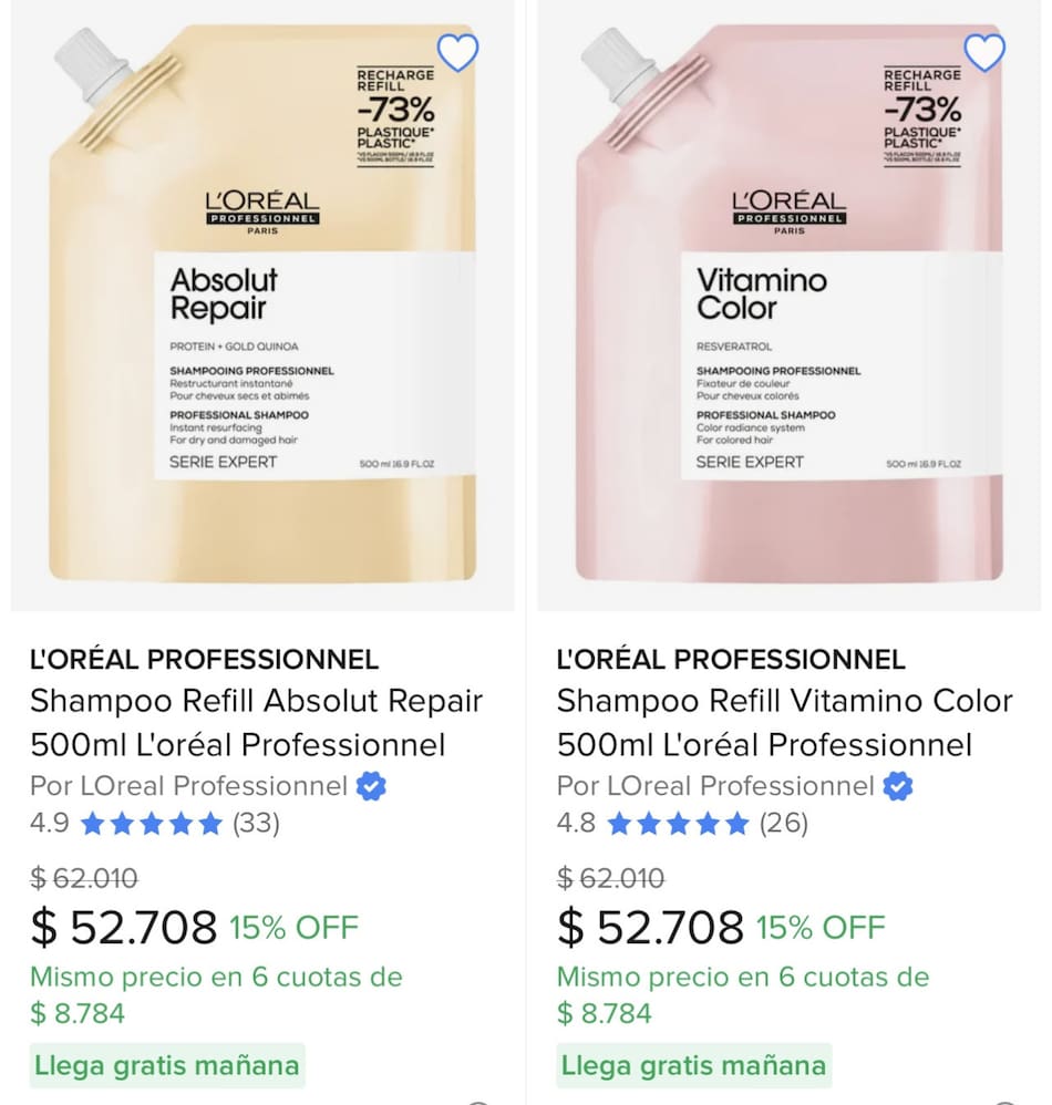 Diferencia de precio entre los productos refills y las versiones comunes. Foto MercadoLibre