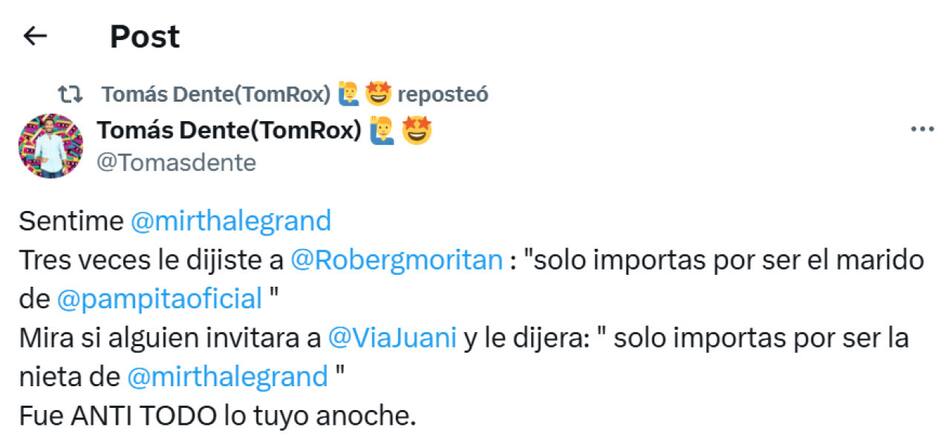 Tomás Dente criticó a Mirtha Legrand por cómo trató a Roberto García Moritán. Foto: X.