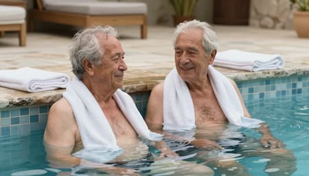 Jubilados en aguas termales, tercera edad, bienestar.