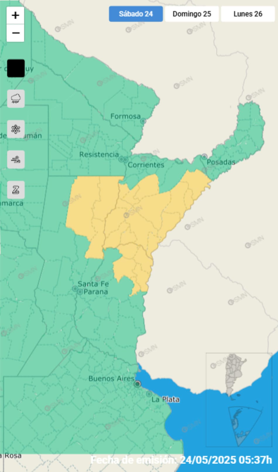 Alerta amarilla sobre tres provincias por tormentas fuertes. Foto: SMN.
