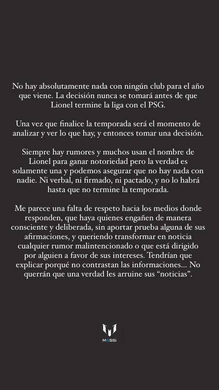 El comunicado del padre de Lionel Messi sobre su futuro. Foto: Instagram.