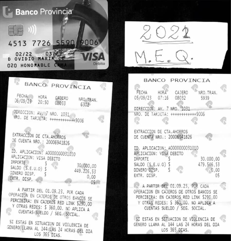 Tarjeta y comprobantes encontrados a Julio "Chocolate" Rigau.