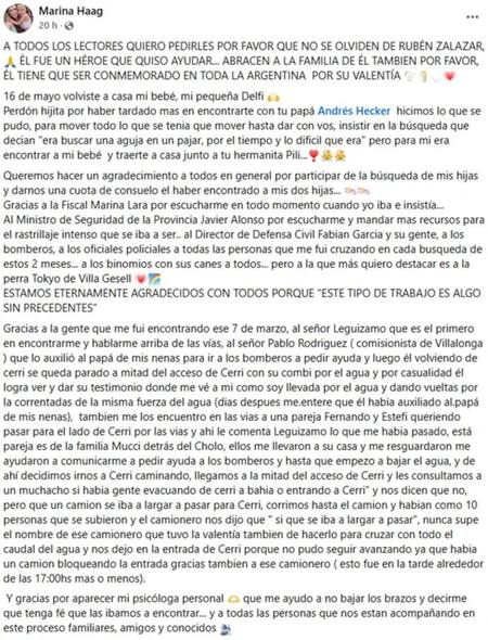 El mensaje de Marina Haag. Foto: Facebook.