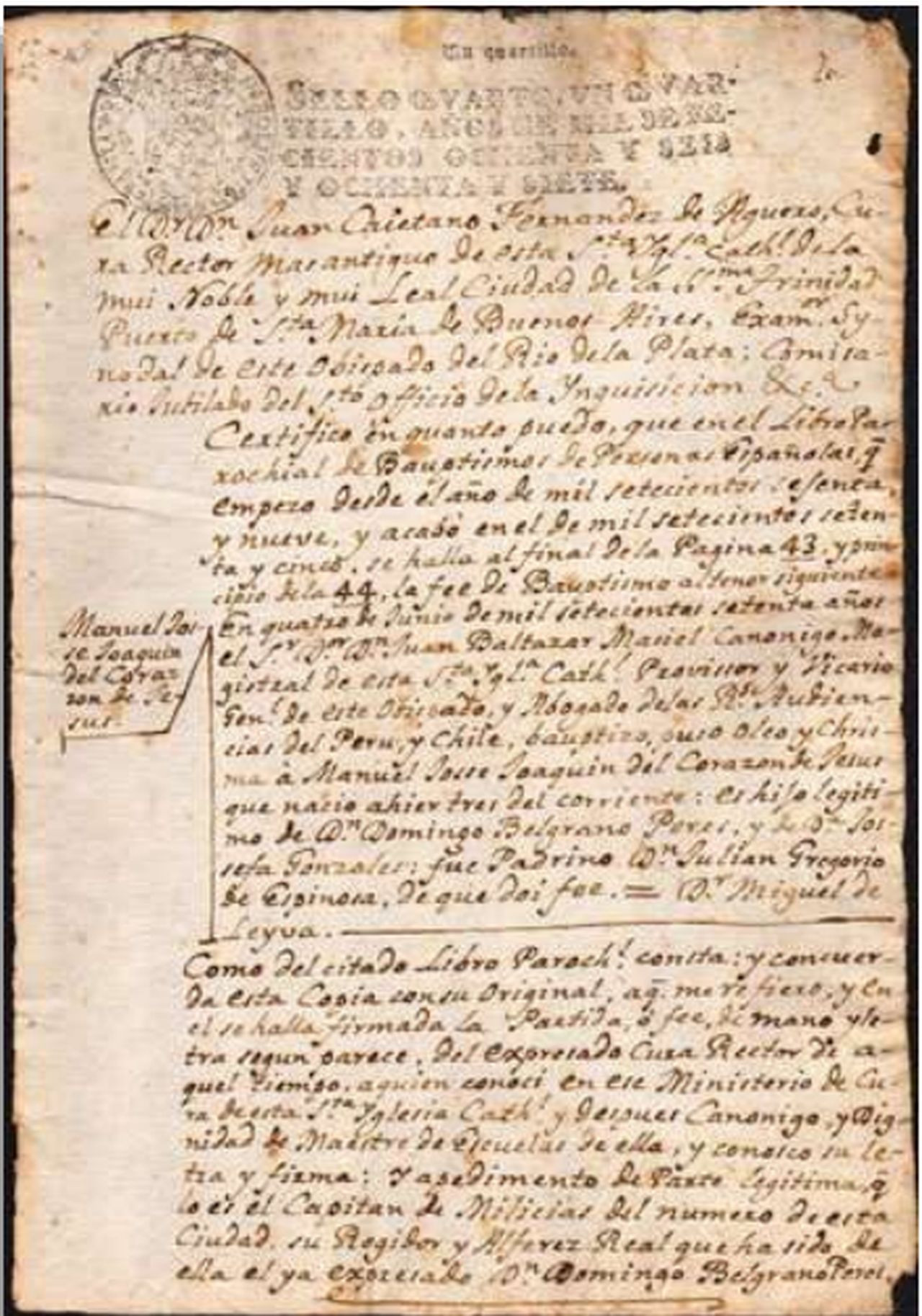 Certificación de la Fe de Bautismo de Manuel Belgrano