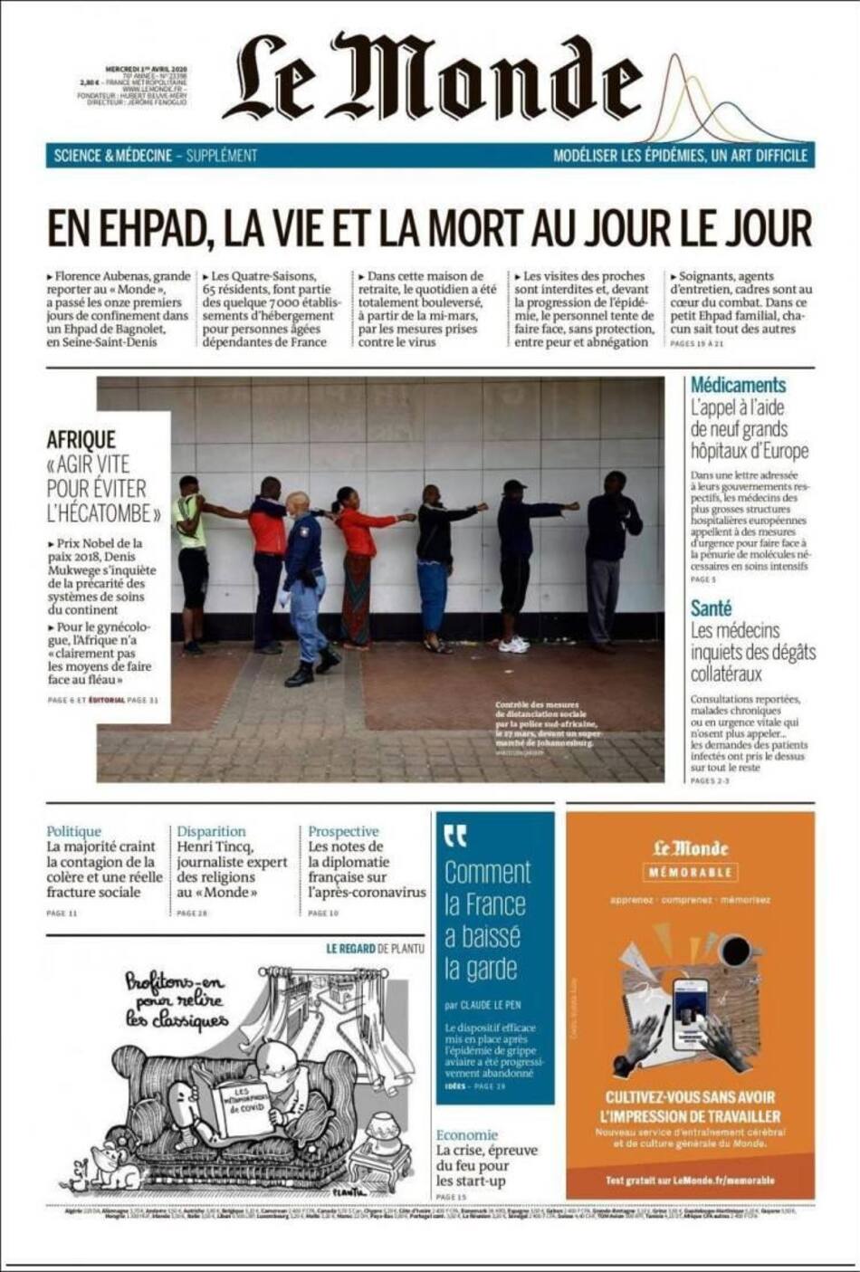 Tapas de diarios, Le monde, 1 de abril de 2020