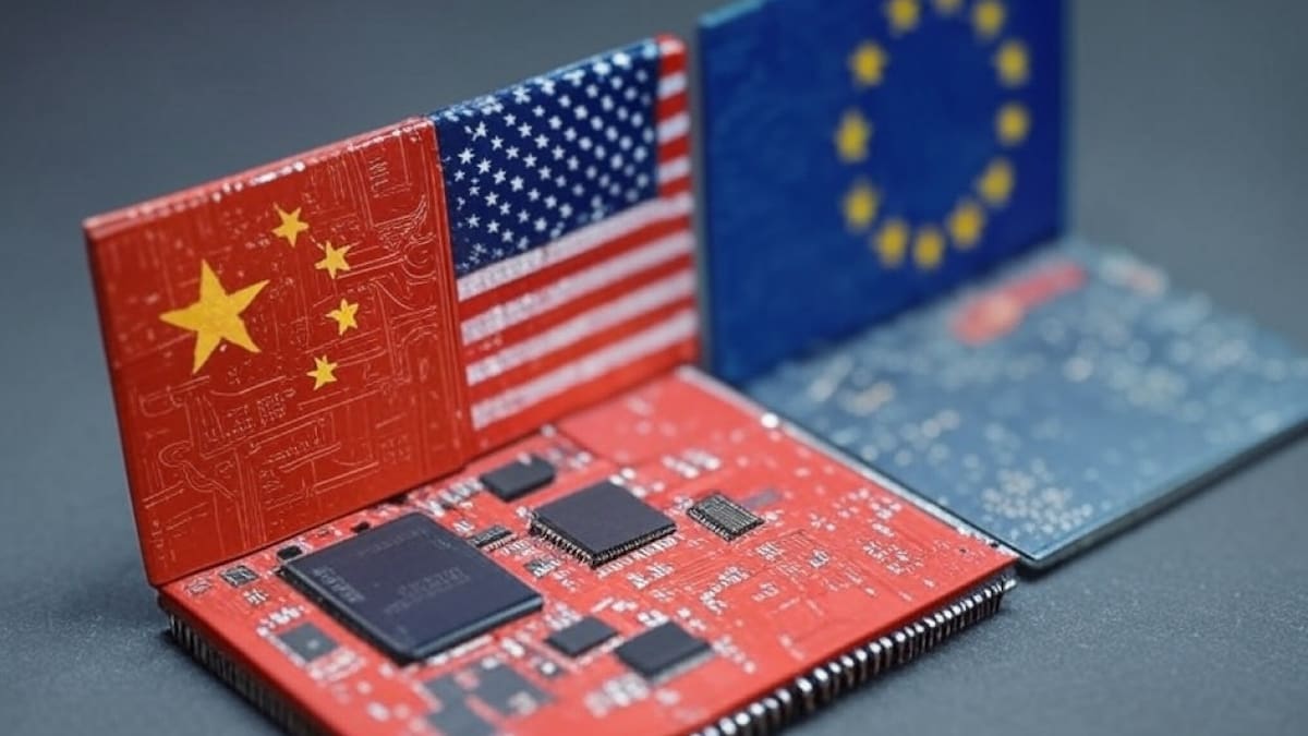 China, Estados Unidos y la Unión Europea, protagonistas de esta historia relacionada con las tecnologías. Foto: Grok.