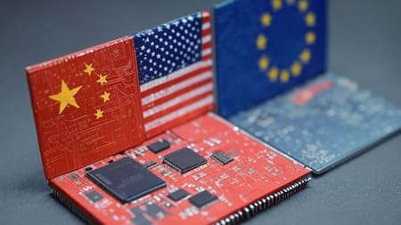 China, Estados Unidos y la Unión Europea, protagonistas de esta historia relacionada con las tecnologías. Foto: Grok.