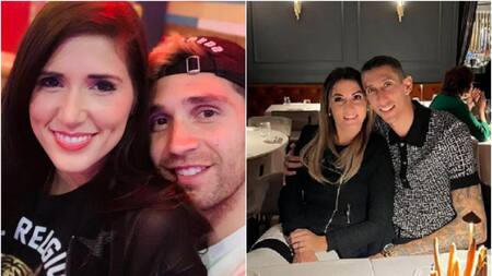 Dibu Martínez y Ángel Di María junto a sus parejas. Fotos: Instagram.
