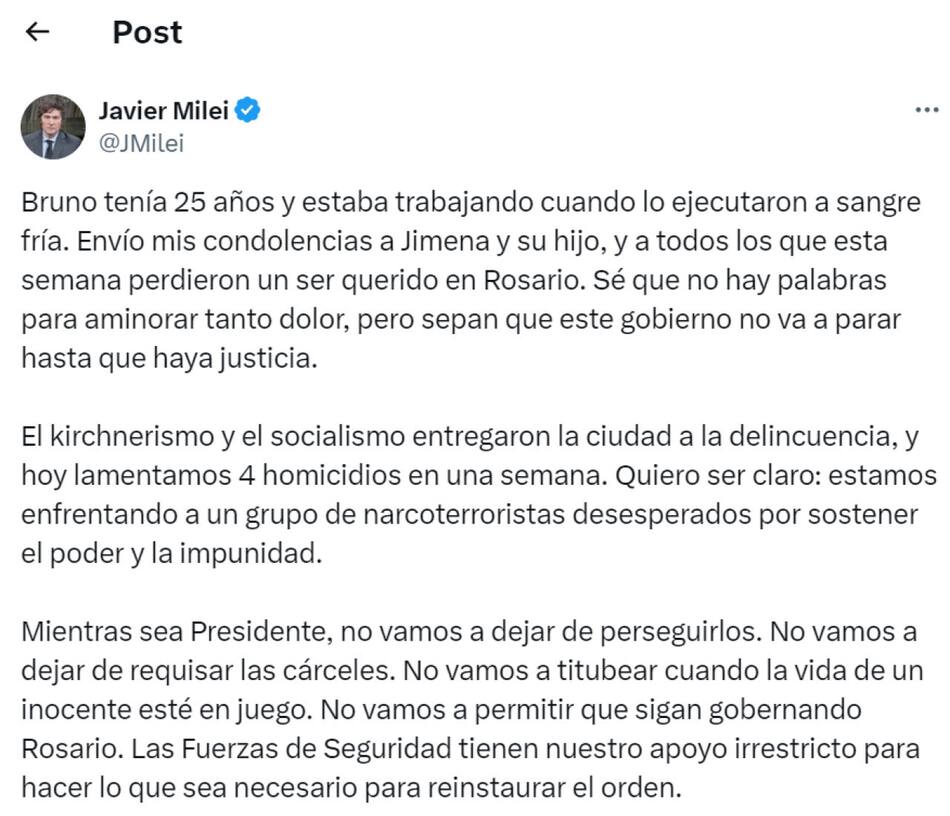El posteo de Javier Milei