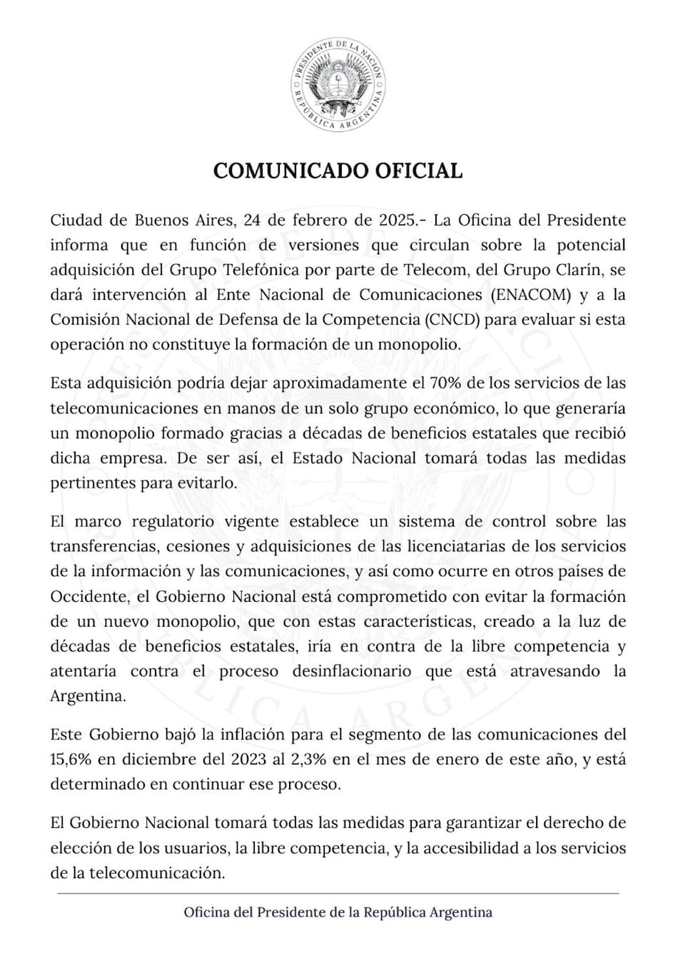 El comunicado del Gobierno sobre Telefónica.