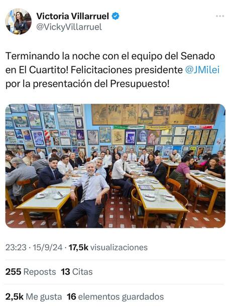 Las felicitaciones de Villarruel al presidente. Foto: X @VickyVillarruel.