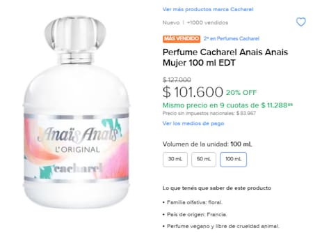 Perfume Anaïs Anaïs de Cacharel, el favorito de Pampita. Foto Mercado Libre