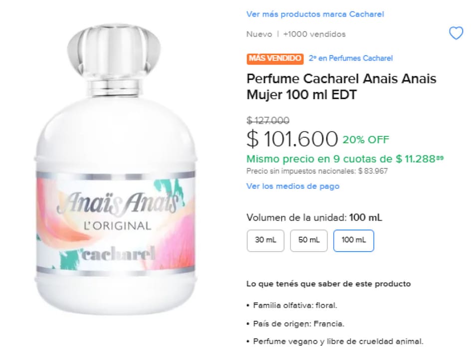 Perfume Anaïs Anaïs de Cacharel, el favorito de Pampita. Foto Mercado Libre