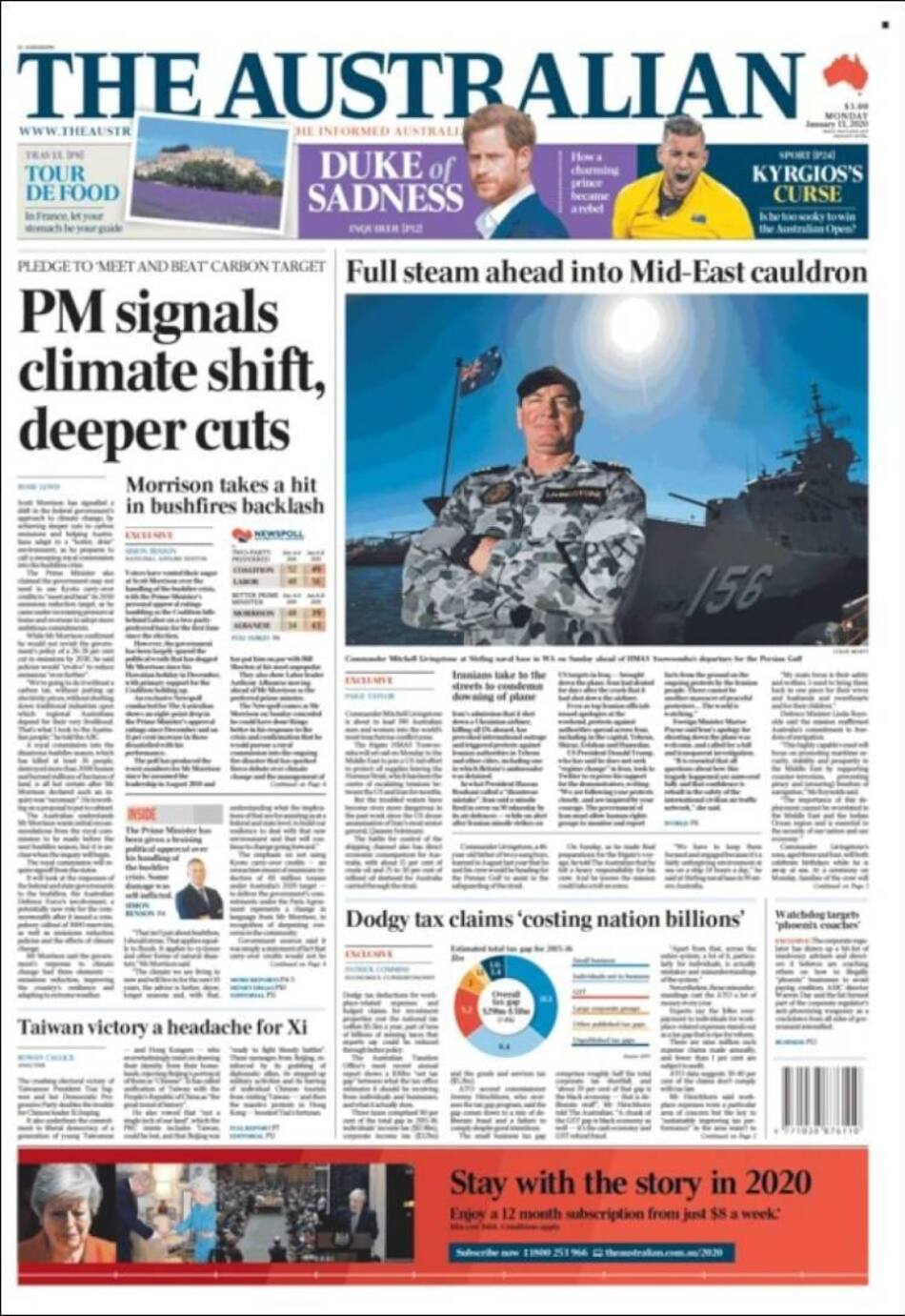 Tapas de diarios, The Australian, lunes 13 de enero de 2020