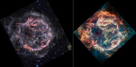 Comparación de la nueva imagen en infrarrojo cercano de Casiopea A obtenida por el telescopio Webb (izquierda) y su imagen en infrarrojo medio de la supernova de abril (derecha). Foto: NASA.