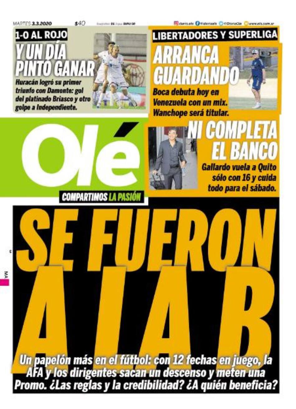 Tapas de diarios, Olé, martes 3 de marzo de 2020