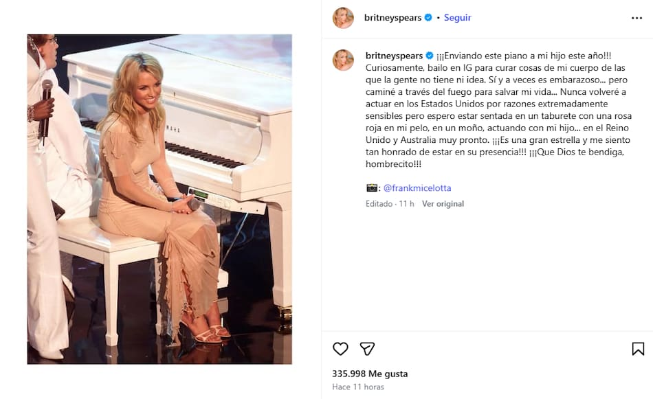 El posteo de Britney Spears en Instagram.