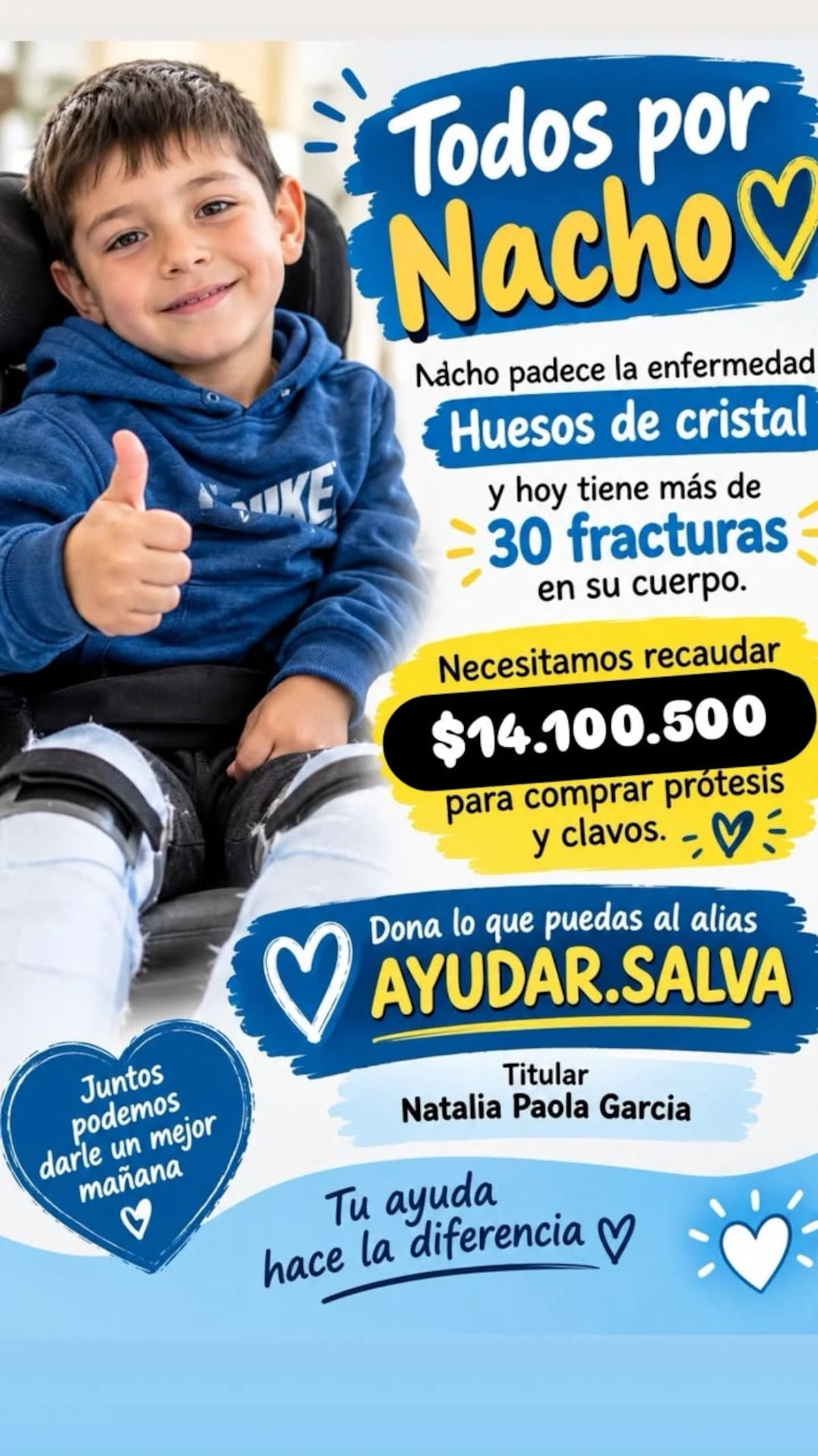 Flyer que pide ayuda para Ignacio, nene de 10 años que padece osteogénesis imperfecta.
