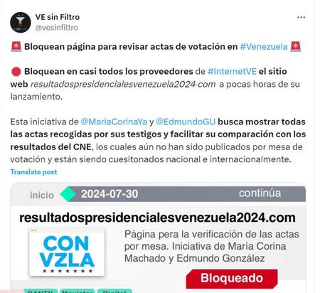 El régimen de Maduro bloquea el acceso a la web que exponía las actas de votación. Foto: X