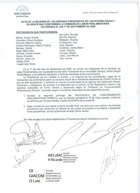 Documento y firmas de Diputados, sesiones remotas