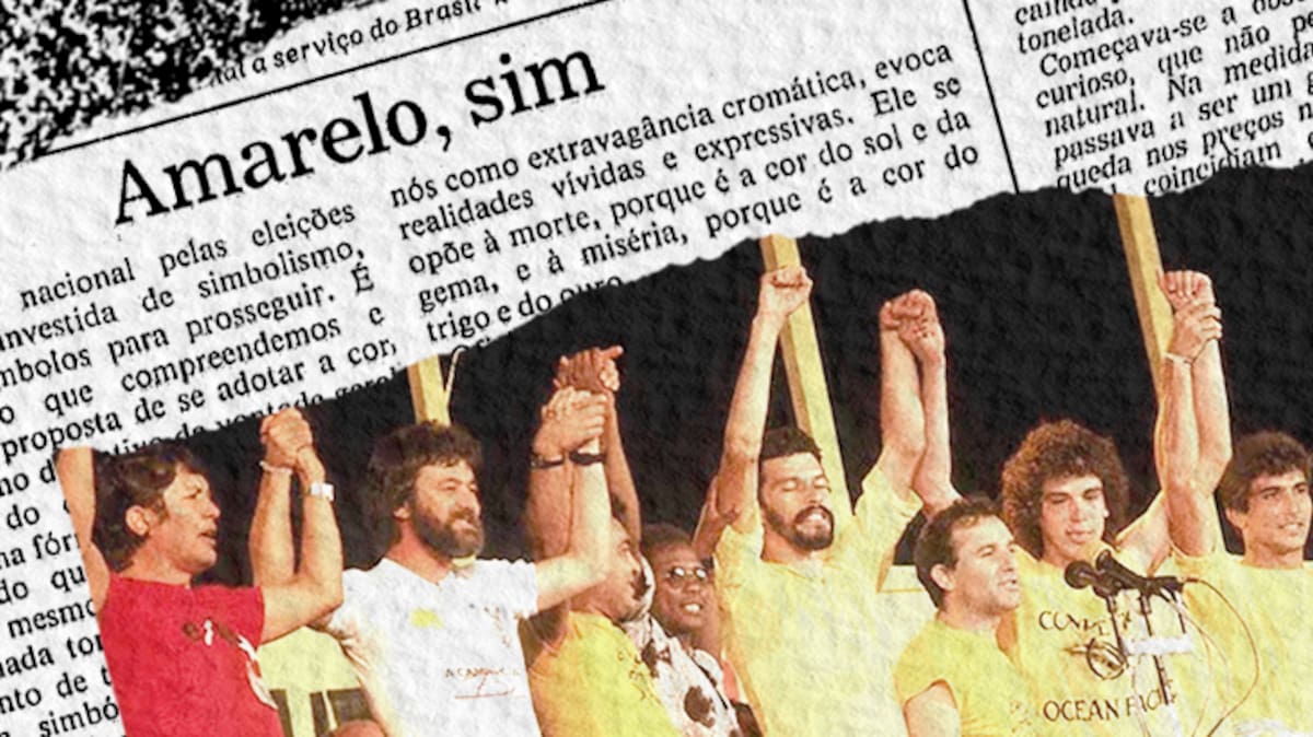 Miembros de la Democracia Corinthiana con fondo de papel de diario.