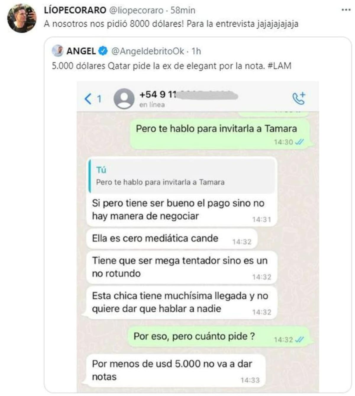 Otra propuesta a Tamara Báez. Foto: Twitter/liopecoraro.