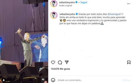La dedicatoria de Sebastián Yatra a Luis Miguel. Foto: Instagram.