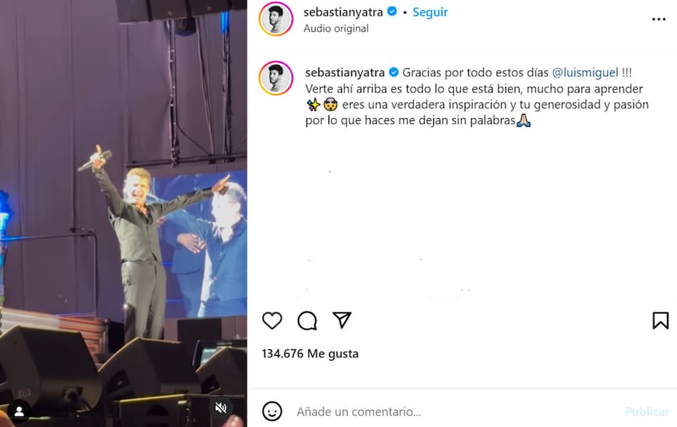 La dedicatoria de Sebastián Yatra a Luis Miguel. Foto: Instagram.