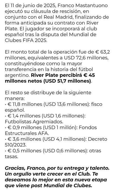 Detalles de la venta de Franco Mastantuono al Real Madrid. Foto: River Plate.