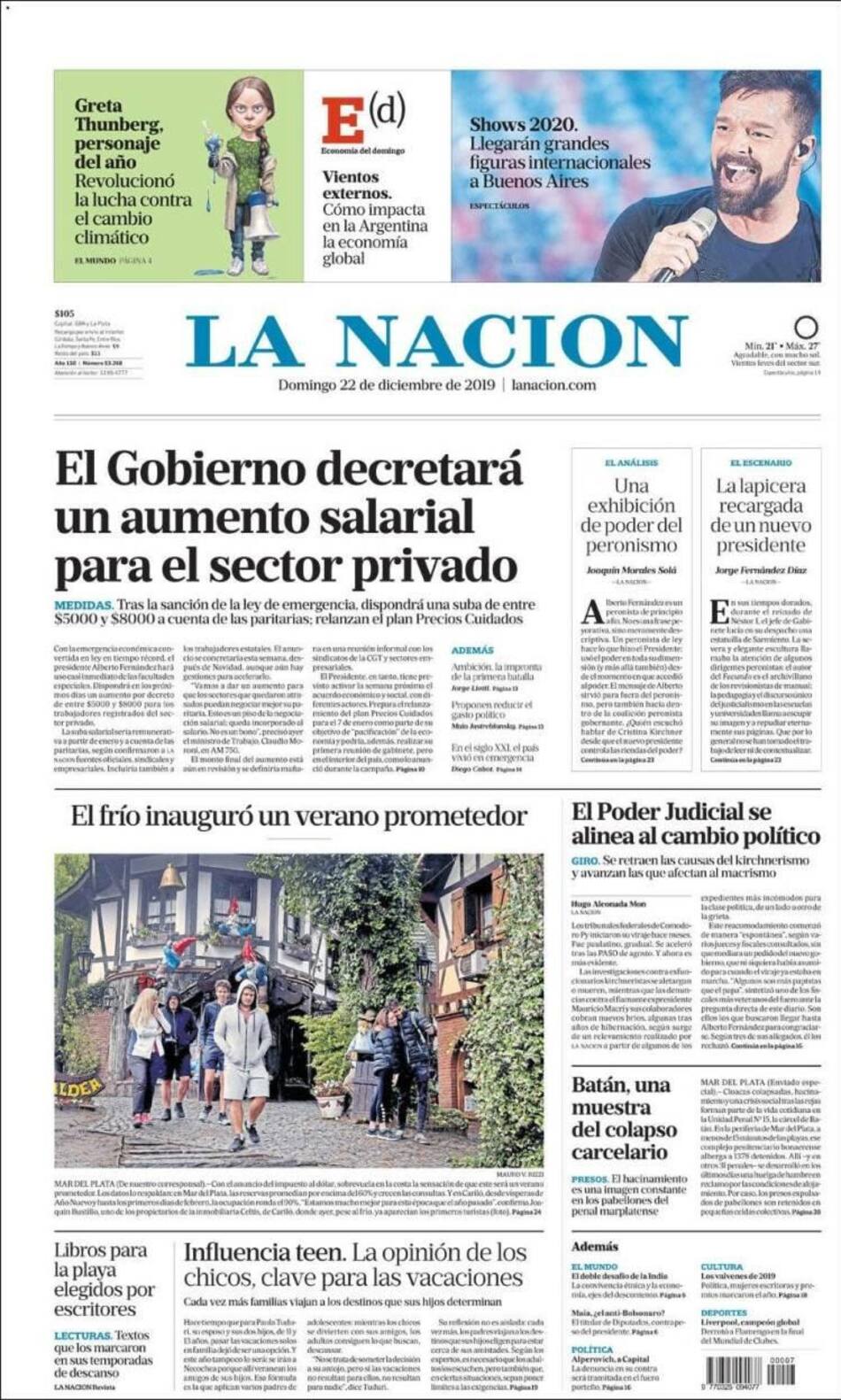 Tapa de diarios, La Nación, domingo 22 de diciembre