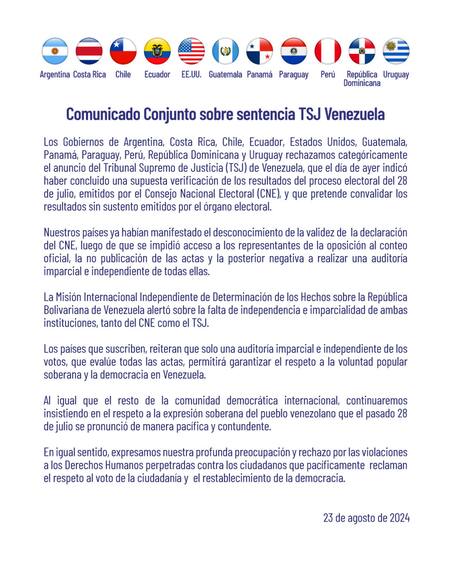 Comunicado Conjunto de Argentina, Estados Unidos, Chile, Uruguay y otros sobre sentencia TSJ Venezuela.