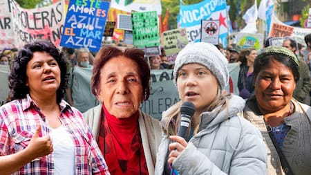 Berta Cáceres, Yolanda Díaz, Greta Thunberg y mujeres trabajadoras de la tierra. Por: Tobías Paura