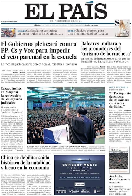 Tapas de diarios, El País, sábado 18 de enero de 2020