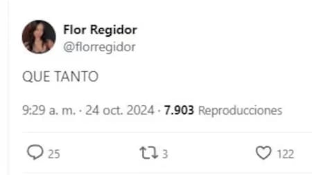 El tweet que escribió Flor Regidor y luego borró. Foto: Captura.