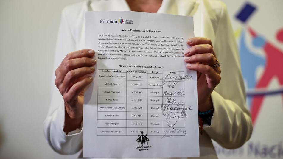 Corina Machado con los resultados de las elecciones en Venezuela. Foto: EFE.