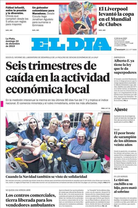 Tapa de diarios, El Día, domingo 22 de diciembre