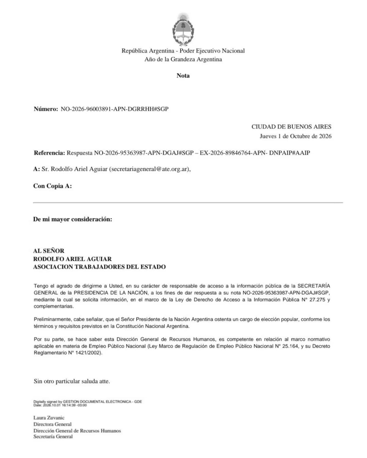 Respuesta del Gobierno al pedido de Rodolfo Aguiar