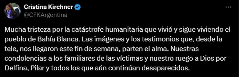 Cristina Kirchner expresó su tristeza por la tragedia en Bahía Blanca. NA