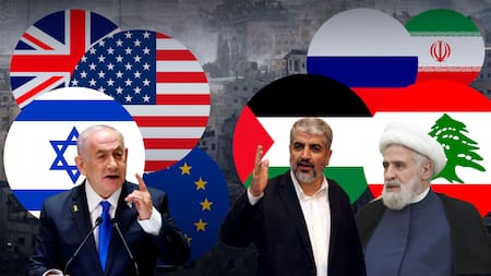 El primer ministro de Israel, Netanyahu enfrentado a Khaled Meshaal, líder de Hezbollah, y Naim Qassem, líder de Hamás. Foto: Tobías Paura/Canal 26.