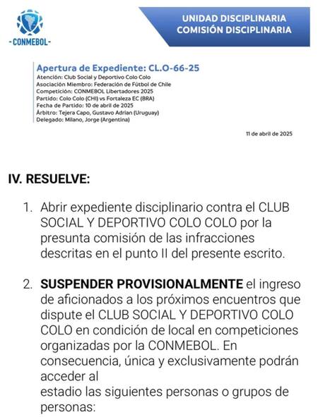 La sanción de Conmebol contra Colo Colo tras la muerte de los dos hinchas. Foto: Conmebol.