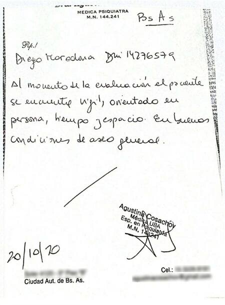 Certificado firmado por Agustin Cosachov sobre Maradona